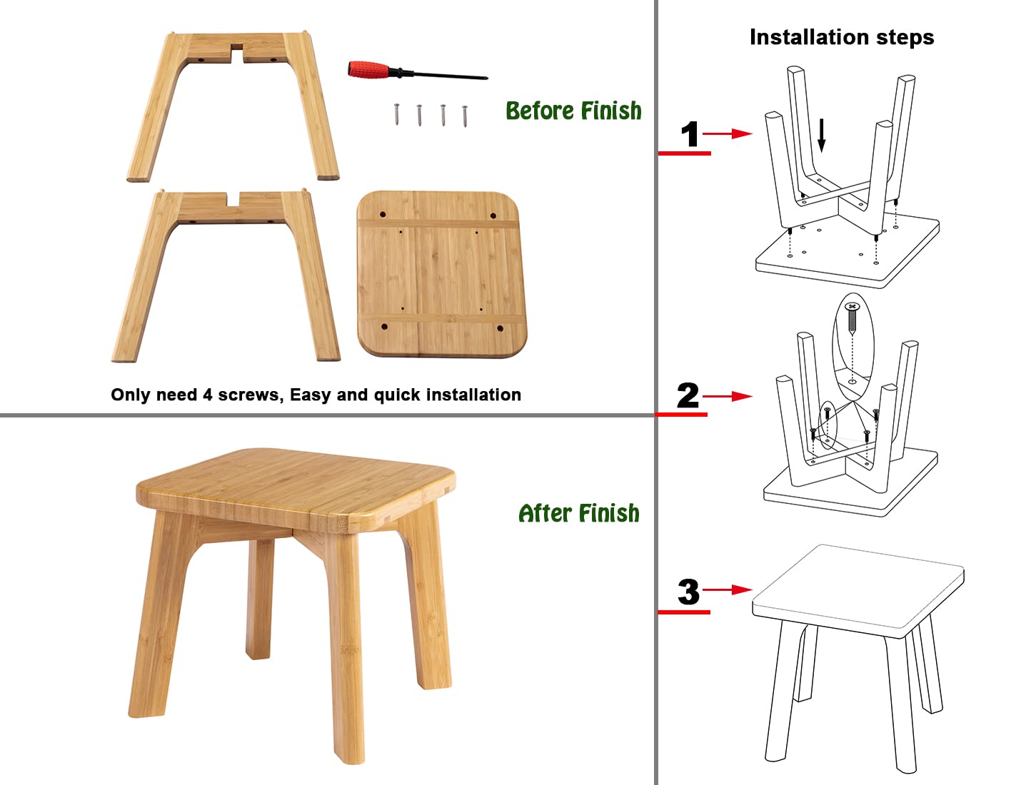 PELYN Bamboo Wooden Mini Step Stool for Kids with Non-Slip Rubber Feet, Small Step Foot Stools for Bedroom Kitchen Bathroom, Holds up to 300lbs, Sturdy and Easy Assembly