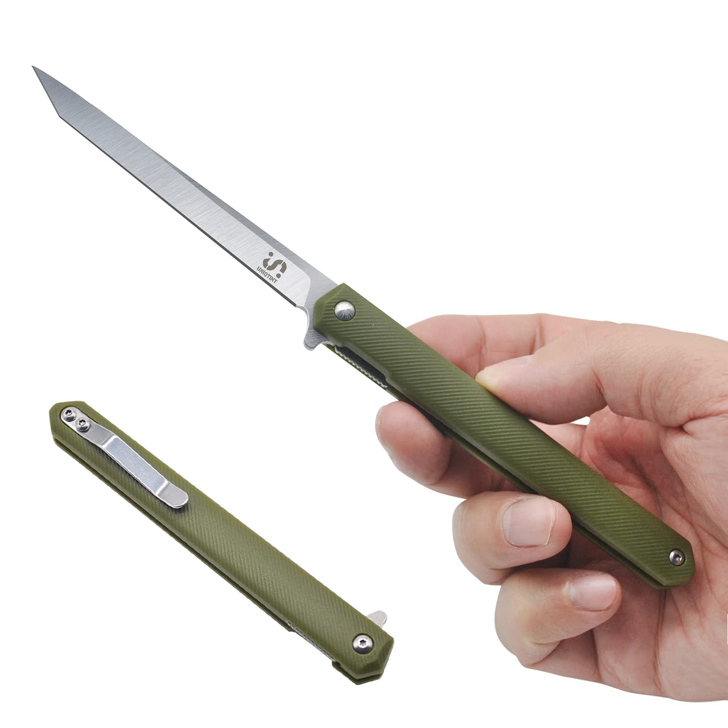 UNIQTINT EDC Pocket Flipper Knife, 1.4oz 5CR13 Steel 3.5” Blade Slim Folding Knife, Army Green PA6 Nylon Fiberglass Handle with Liner Lock Pocket Clip (FK001B)