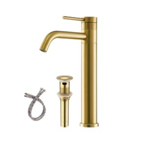 Hotis Gold Vessel Sink Faucet, 360 Swivel Brushed Gold Vessel Faucet, Single Handle Tall Body Farmhouse Vessel Faucet, Bathroom Faucets for Sink 1 Holewith Pop Up Drain