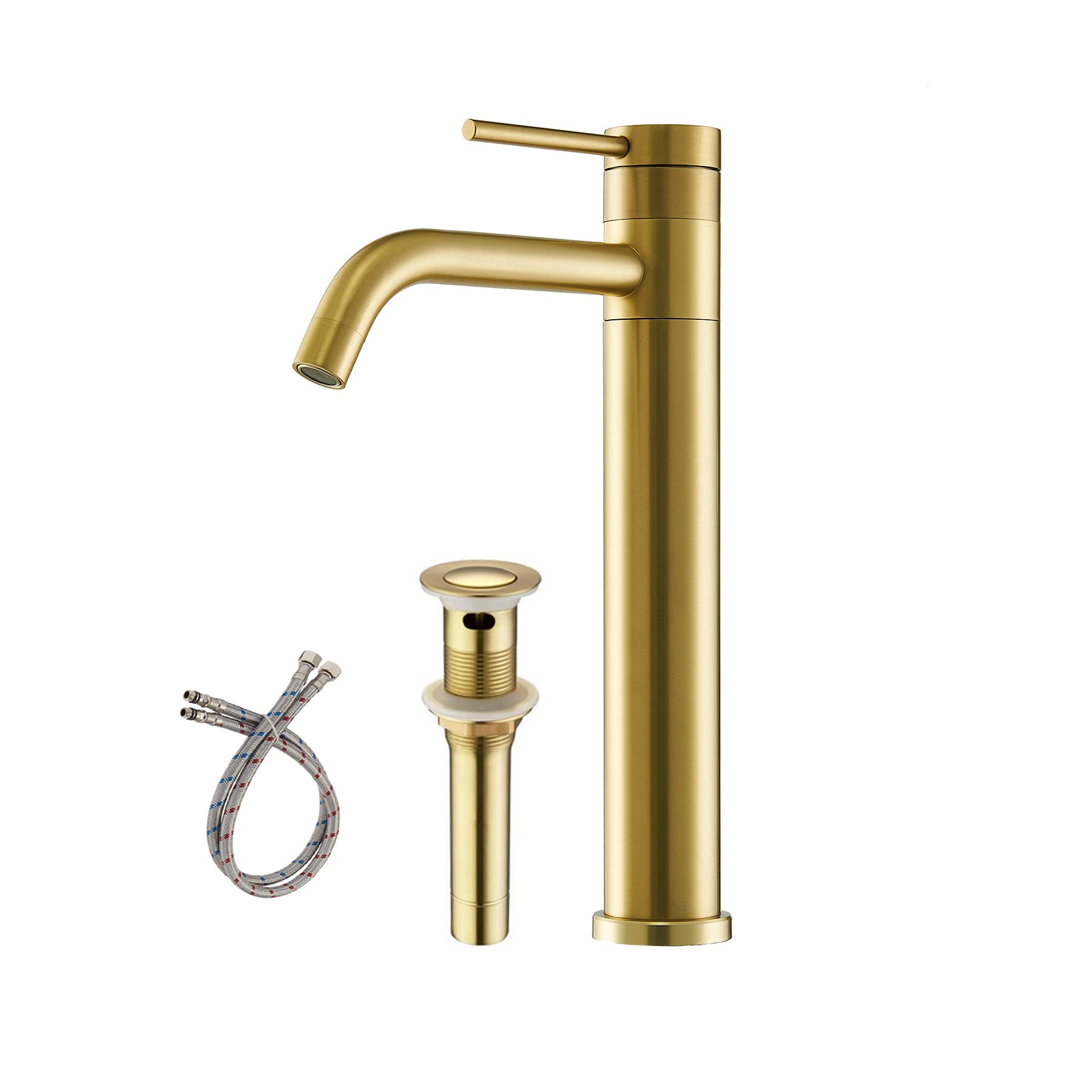 Hotis Gold Vessel Sink Faucet, 360 Swivel Brushed Gold Vessel Faucet, Single Handle Tall Body Farmhouse Vessel Faucet, Bathroom Faucets for Sink 1 Holewith Pop Up Drain