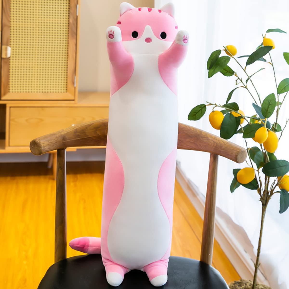 Rexinc Long Pink Cat Plush Pillow Toy Sleeping Pillow Cute Cartoon Cat Stuffed Animals Soft Long Body Pillow Gift for Kids (27.55in)