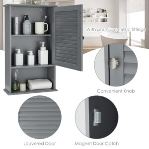 Tangkula Medicine Cabinet, Wall Mounted Bathroom Cabinet Single Door Wooden Bathroom Wall Cabinet with Adjustable Shelf (Grey)