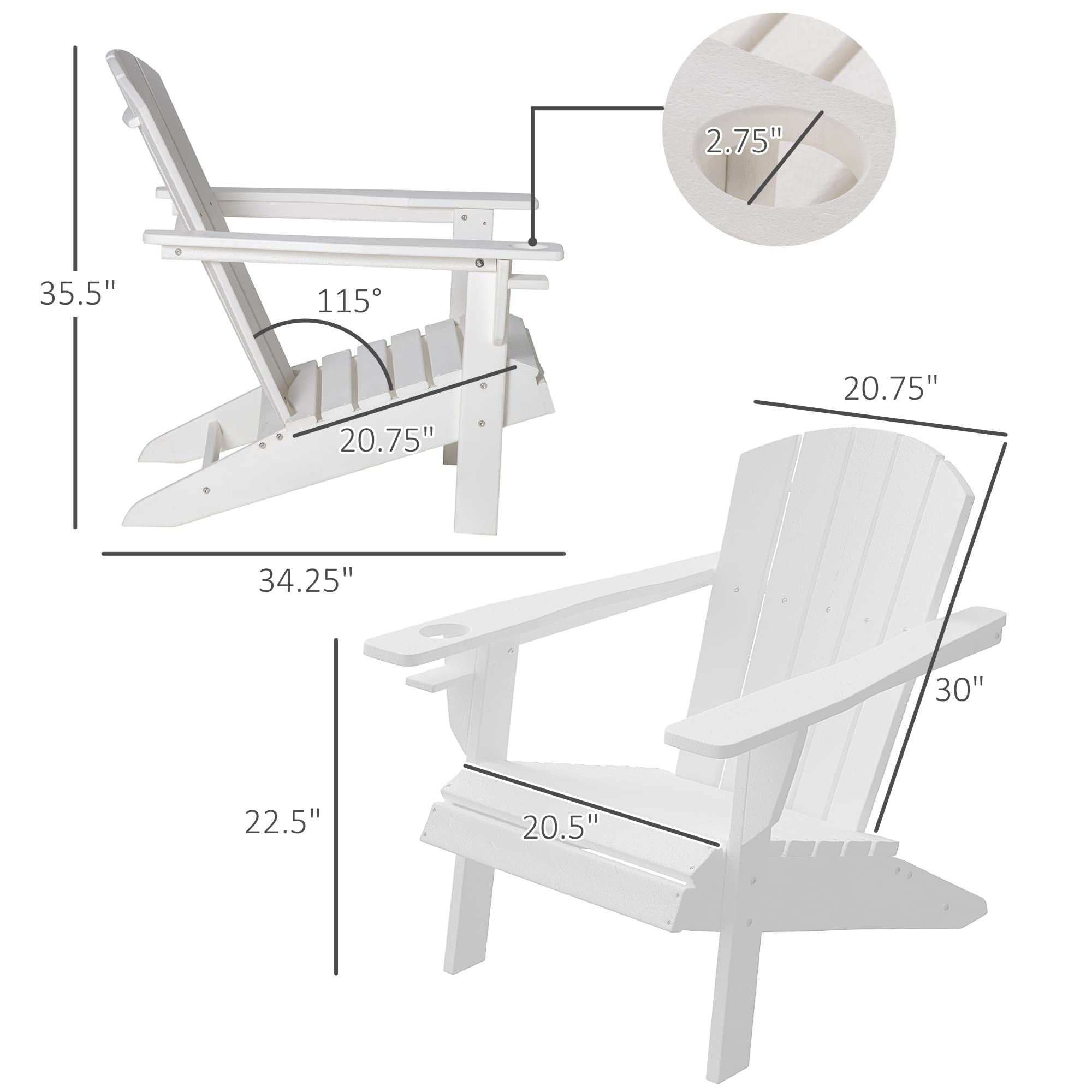 Outsunny Adirondack Chair with Cup Holder, All Weather Patio Chair HDPE Lounger, Fire Pit Seating High Back and Wide Seat for Outdoor, Backyard, Garden, Deck, Lawn, White