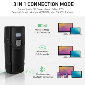 2D Barcode Scanner Bluetooth, JRHC Portable 3 in 1 USB Wired & 4.2 Bluetooth & 2.4G Wireless Qr Code Scanner Mini 1D 2D PDF417 Data Matrix Bar Code Scans Work with Windows, Android, iOS, Tablets