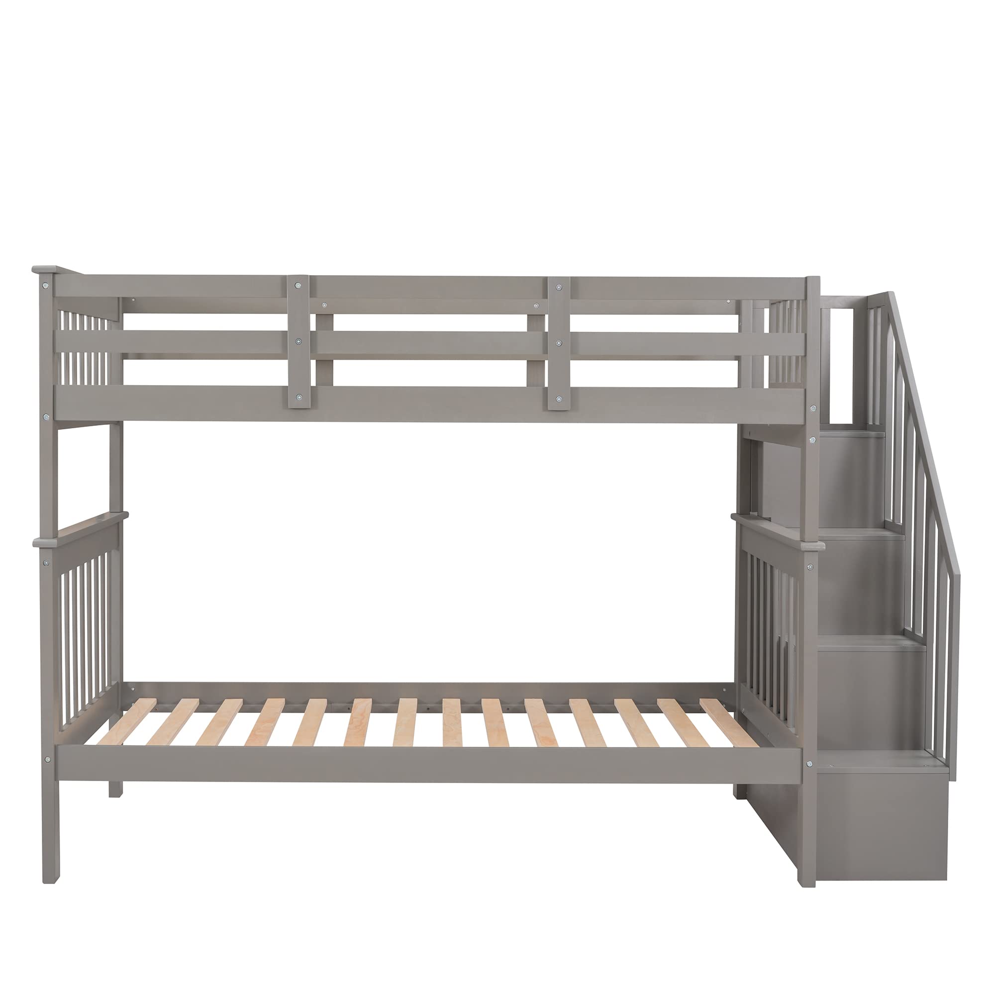 Harper & Bright Designs Twin Bunk Beds, Twin Over Twin Bunk Bed with Stairs and Storage, Low Bunk Beds Twin Over Twin for Kids Girls Boys, Grey