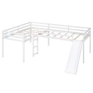 Harper & Bright Designs Twin Loft Bed for Kids, L-Shape Loft Beds with Slide, Low Loft Bed Frame Corner Bunk Bed for Kids, Wooden Loft Bed for Girls Boys Teens (New, White)