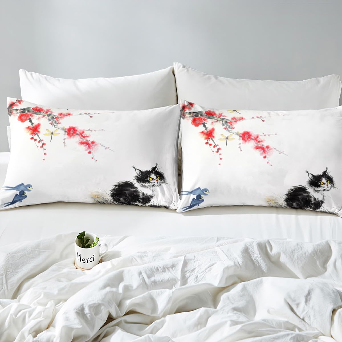 Red Cherry Blossoms Comforter Cover Ink Painting Cat Duvet Cover Kawaii Birds Butterfly Kitten Bedding Set Landscape Painting Chinese Style Bedding Collections with 2 Pillowcases, Full Size