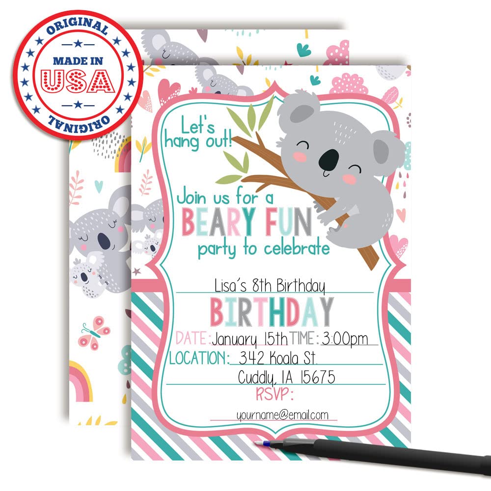 Let's Hang Out Cute Koala Bear Themed Birthday Party Invitations for Kids, 20 5x7 Fill In Cards with Twenty White Envelopes by AmandaCreation