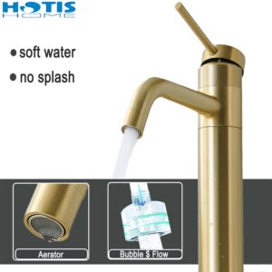 Hotis Gold Vessel Sink Faucet, 360 Swivel Brushed Gold Vessel Faucet, Single Handle Tall Body Farmhouse Vessel Faucet, Bathroom Faucets for Sink 1 Holewith Pop Up Drain