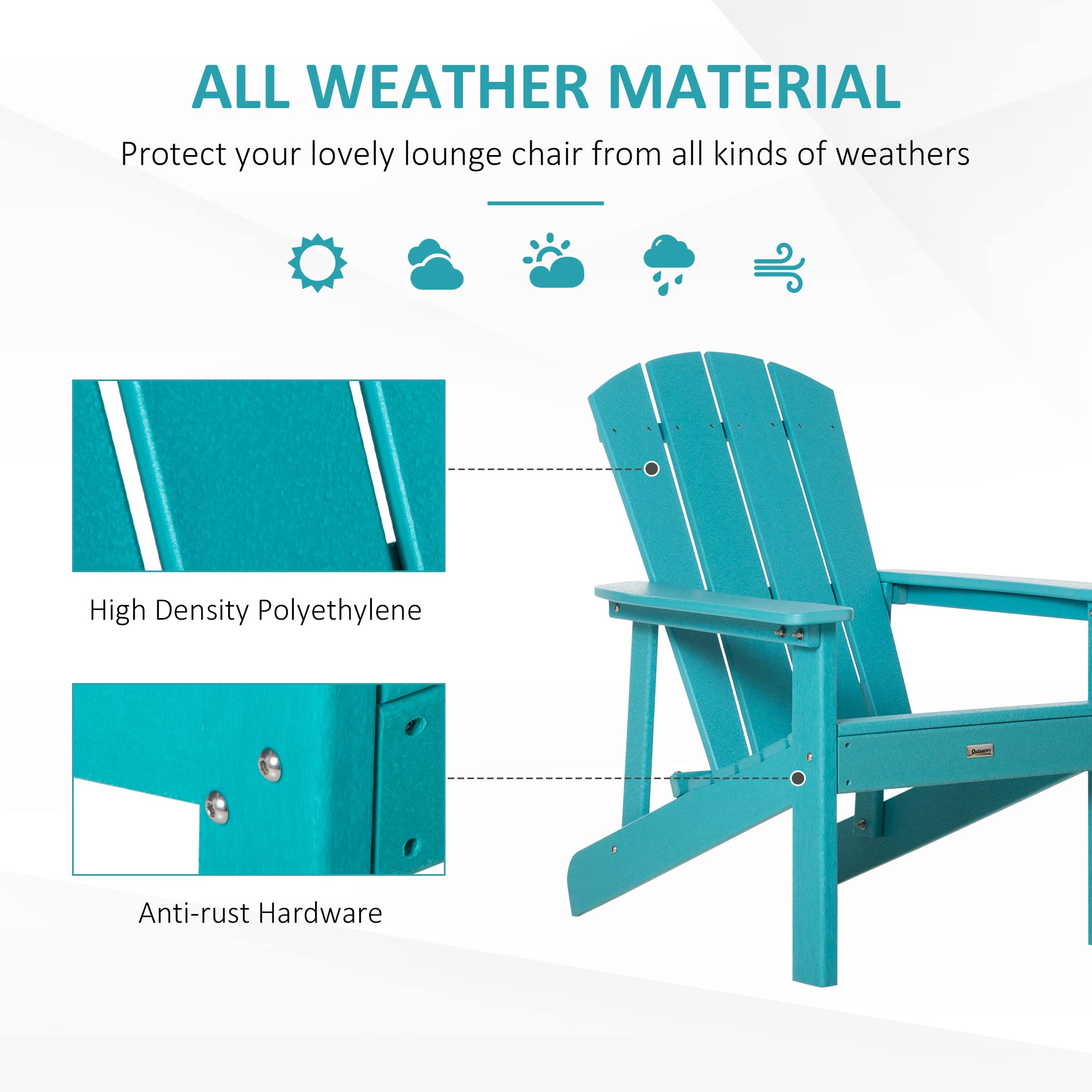 Outsunny Adirondack Chair, HDPE Fire Pit Chair, Weather Resistant Outdoor Chair for Patio, Garden, Backyard, Lawn, Turquoise