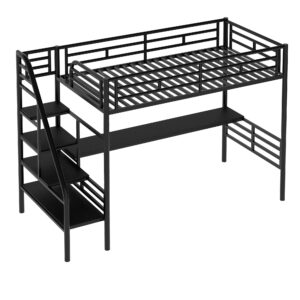 Harper & Bright Designs Metal Twin Loft Bed with Desk, Twin Size Loft Bed with Stairs and Workstation Desk for Kids Teens, Space Saving Metal Loft Bed Frame,No Box Spring Needed, Black