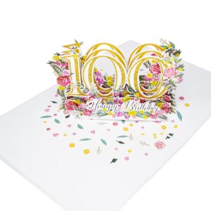 100th Birthday Pop-Up Card, Elegant Floral Design with Glittering Gold Accents, Stunning 3D Pop-Up Greeting Card for Milestone Celebrations