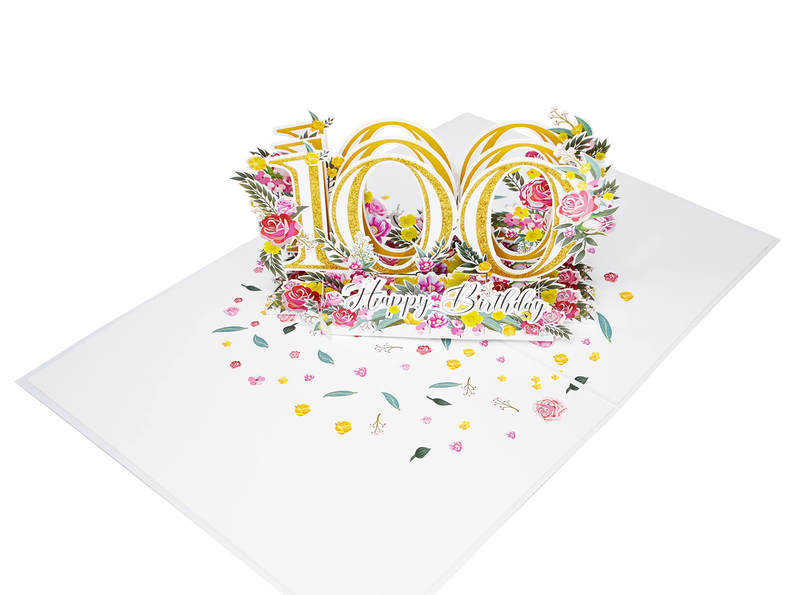 100th Birthday Pop-Up Card, Elegant Floral Design with Glittering Gold Accents, Stunning 3D Pop-Up Greeting Card for Milestone Celebrations