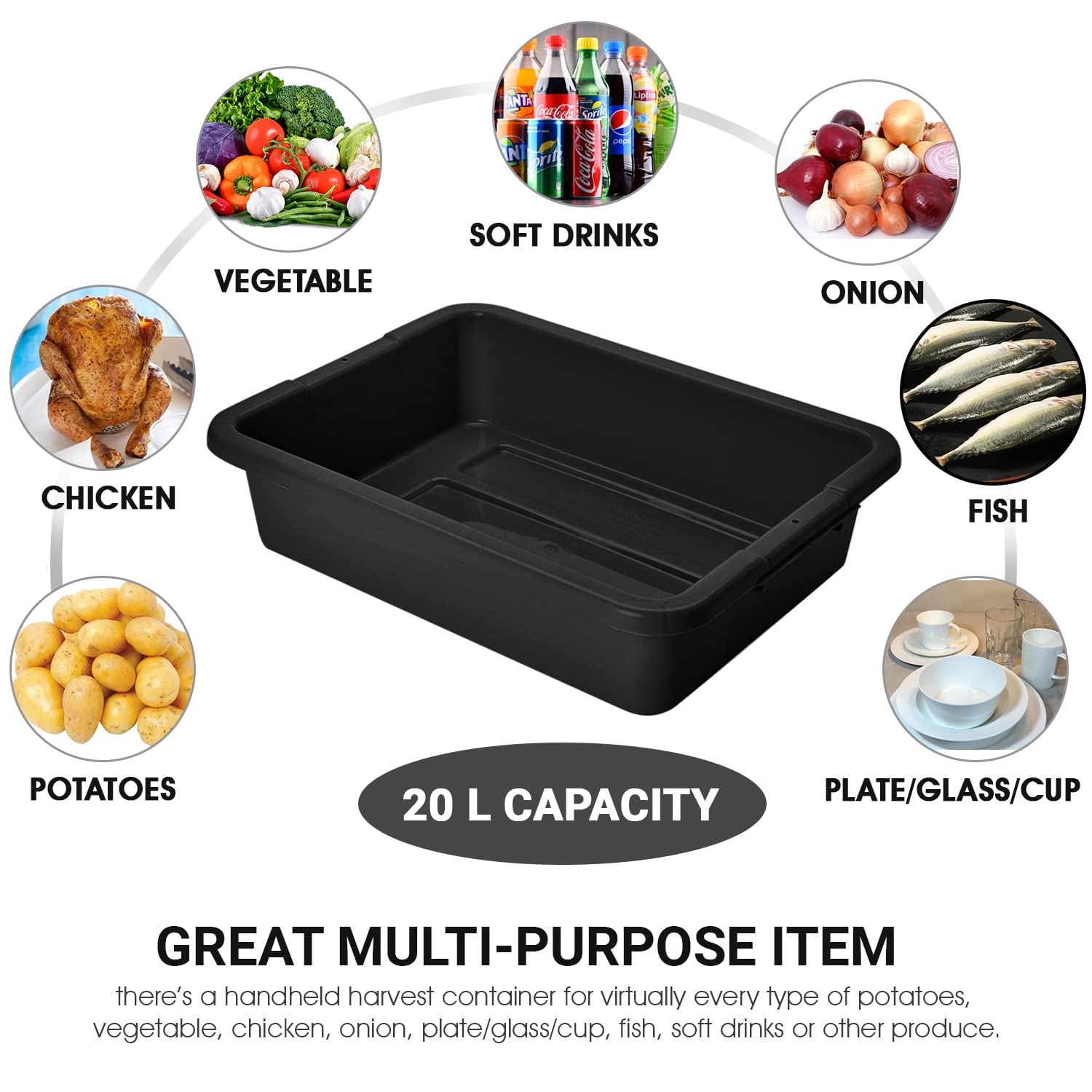 Black Plastic Bus Tub (PACK OF 12) Commercial Tote Box Cross Stack Nest Utility Tote Tub/BUD Box W/O Lid, 20” L x 15” W x 5” H - For Food Service, Airport, Cafeteria, Seafood, Vegetables, Transporting