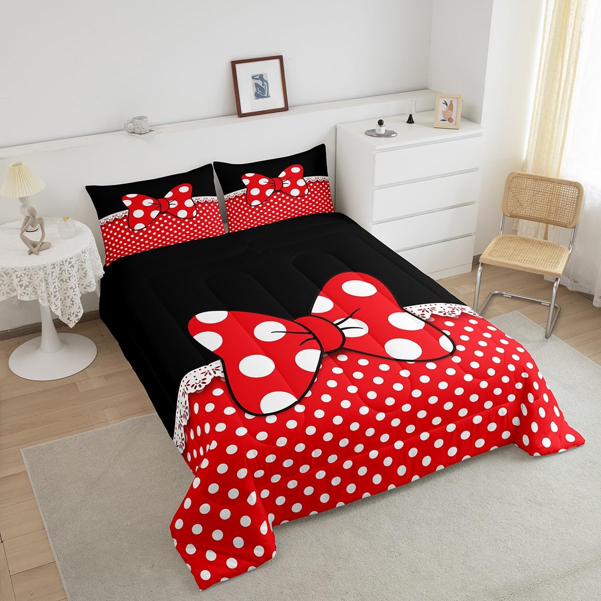 Homewish Bowknot Comforter Set Twin Size,White Dots Bedding Set 2pcs for Kids Teens Girls Boys Room Decor,Romantic Princess Style Quilt Set Red and Black Duvet Insert with 1 Pillowcase