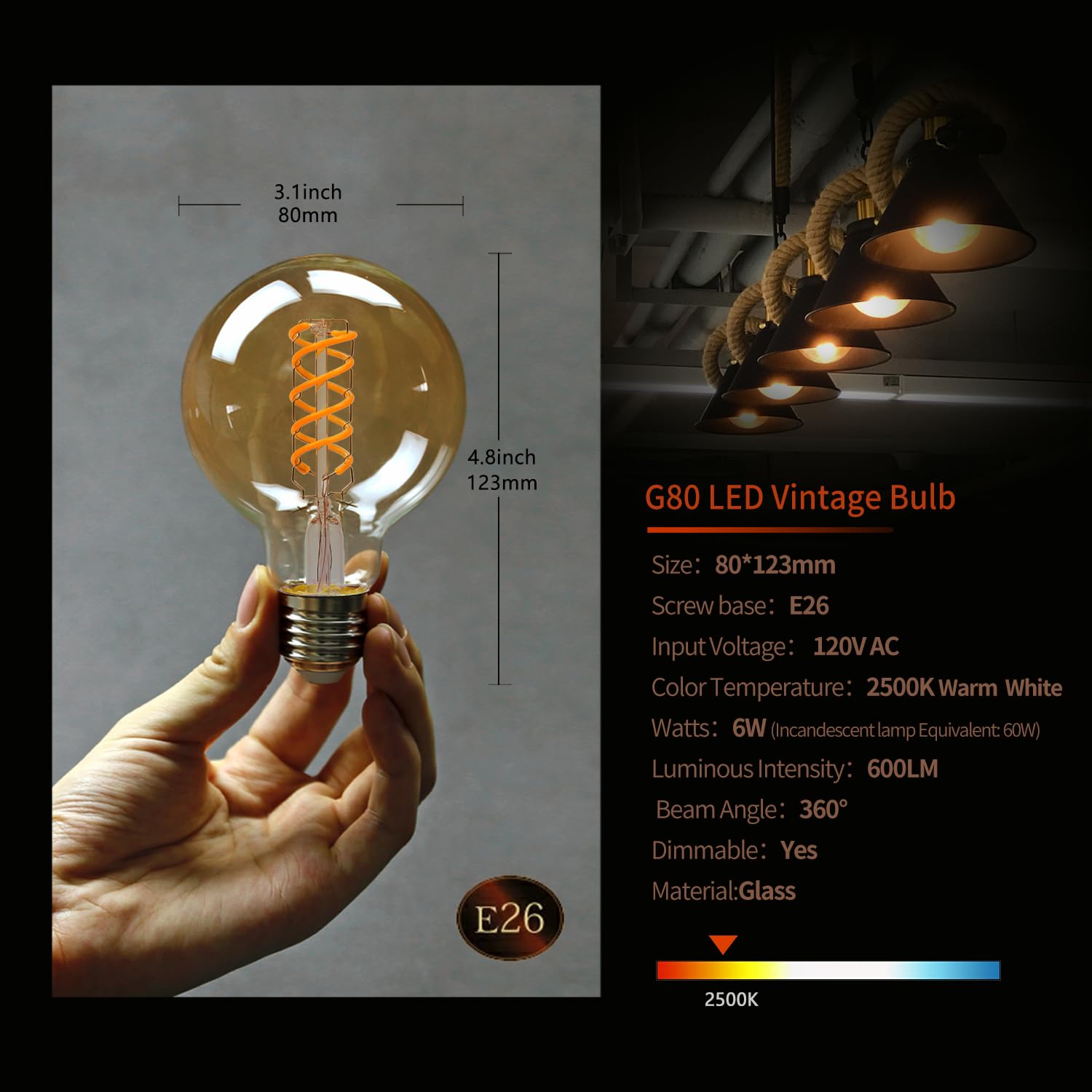 G25 LED Globe Light Bulbs, Antique Flexible Spiral LED Filament Light Bulb, Vintage LED Edison Bulb,4 Pack, Warm White 2500K,6W Equivalent to 60W, 600LM，Dimmable with 80+ CRI，E26 Base, Amber Glass