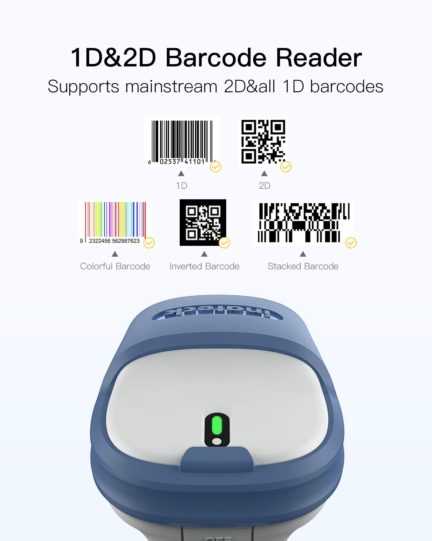 Inateck Bluetooth Barcode Scanner with Charging Base, 2D Wireless, Bundle Product, BCST-73 and BS04001