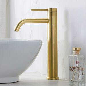 hotis gold vessel sink faucet, 360 swivel brushed gold vessel faucet, single handle tall body farmhouse vessel faucet, bathroom faucets for sink 1 holewith pop up drain