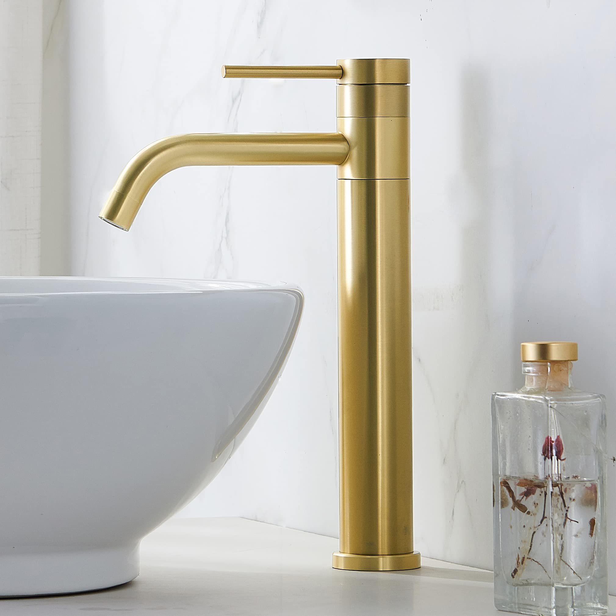 Hotis Gold Vessel Sink Faucet, 360 Swivel Brushed Gold Vessel Faucet, Single Handle Tall Body Farmhouse Vessel Faucet, Bathroom Faucets for Sink 1 Holewith Pop Up Drain