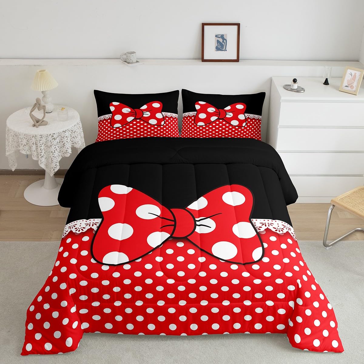 Homewish Bowknot Comforter Set Twin Size,White Dots Bedding Set 2pcs for Kids Teens Girls Boys Room Decor,Romantic Princess Style Quilt Set Red and Black Duvet Insert with 1 Pillowcase