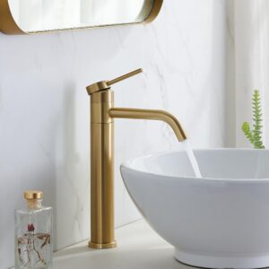 Hotis Gold Vessel Sink Faucet, 360 Swivel Brushed Gold Vessel Faucet, Single Handle Tall Body Farmhouse Vessel Faucet, Bathroom Faucets for Sink 1 Holewith Pop Up Drain