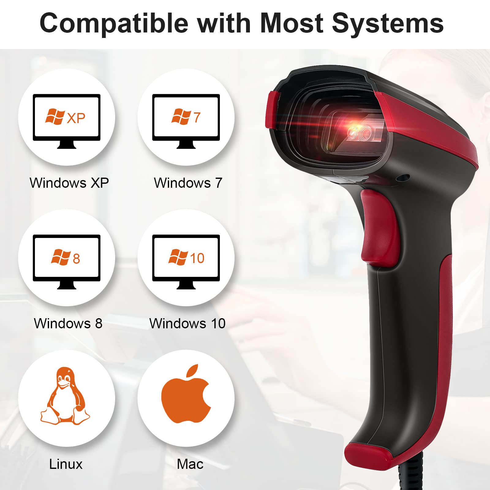 Barcode Scanner Wired,JRHC 2D Bar Code Reader Automatic QR 1D Bar Code Scanner Support Windows Mac and Linux with USB Cable for Pos Mobile Payment, Convenience Supermarket, Store, Warehouse, Library