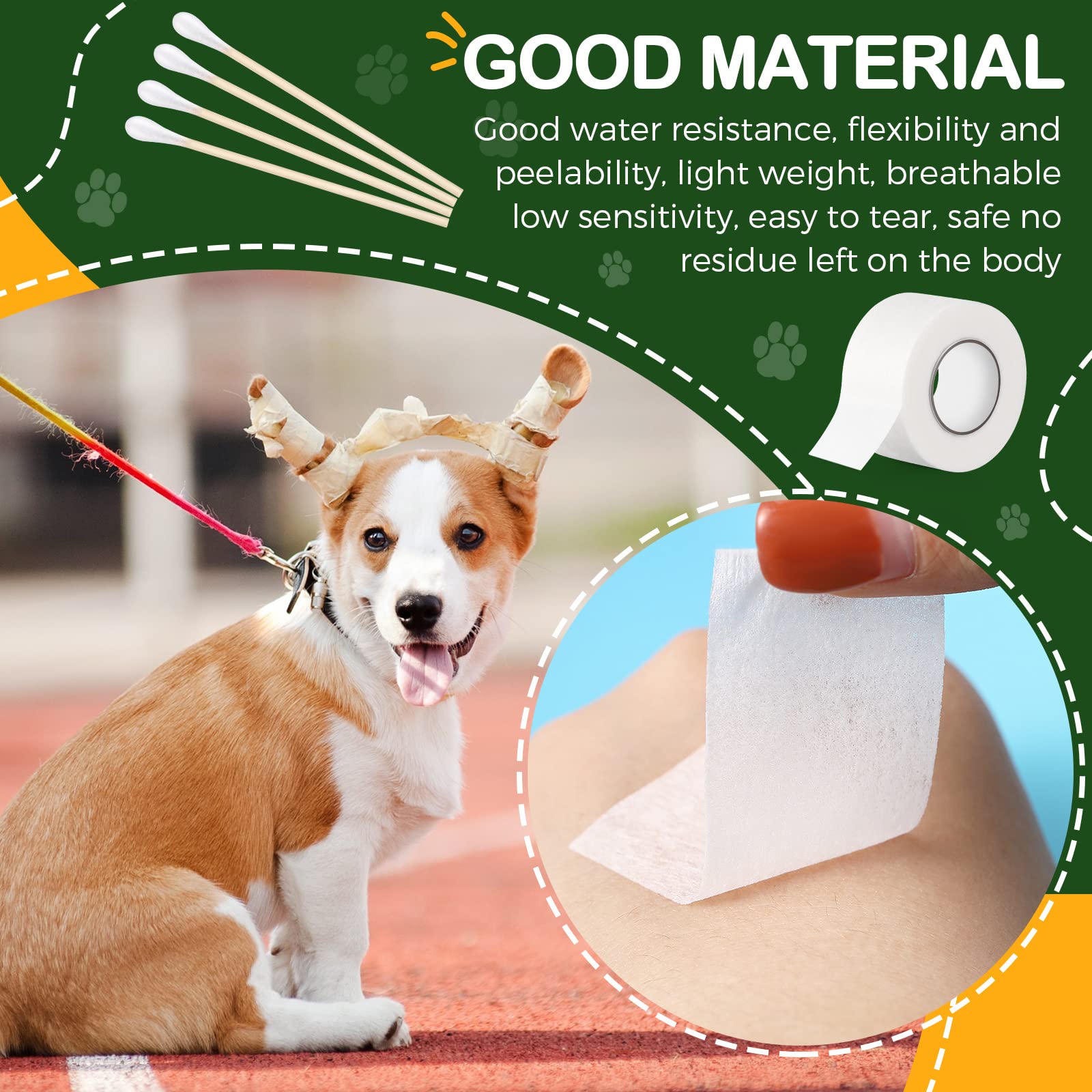 1 Inch x 30 Feet Ear Tape for Dogs and 4 Inch Bamboo Buds Non Woven Dog Ear Forms Cotton Dog Ear Swabs Self Adhesive Doberman Ear Support Bamboo Handle Ear Buds for Dogs Dog Ear Care Kit for Cat Dog