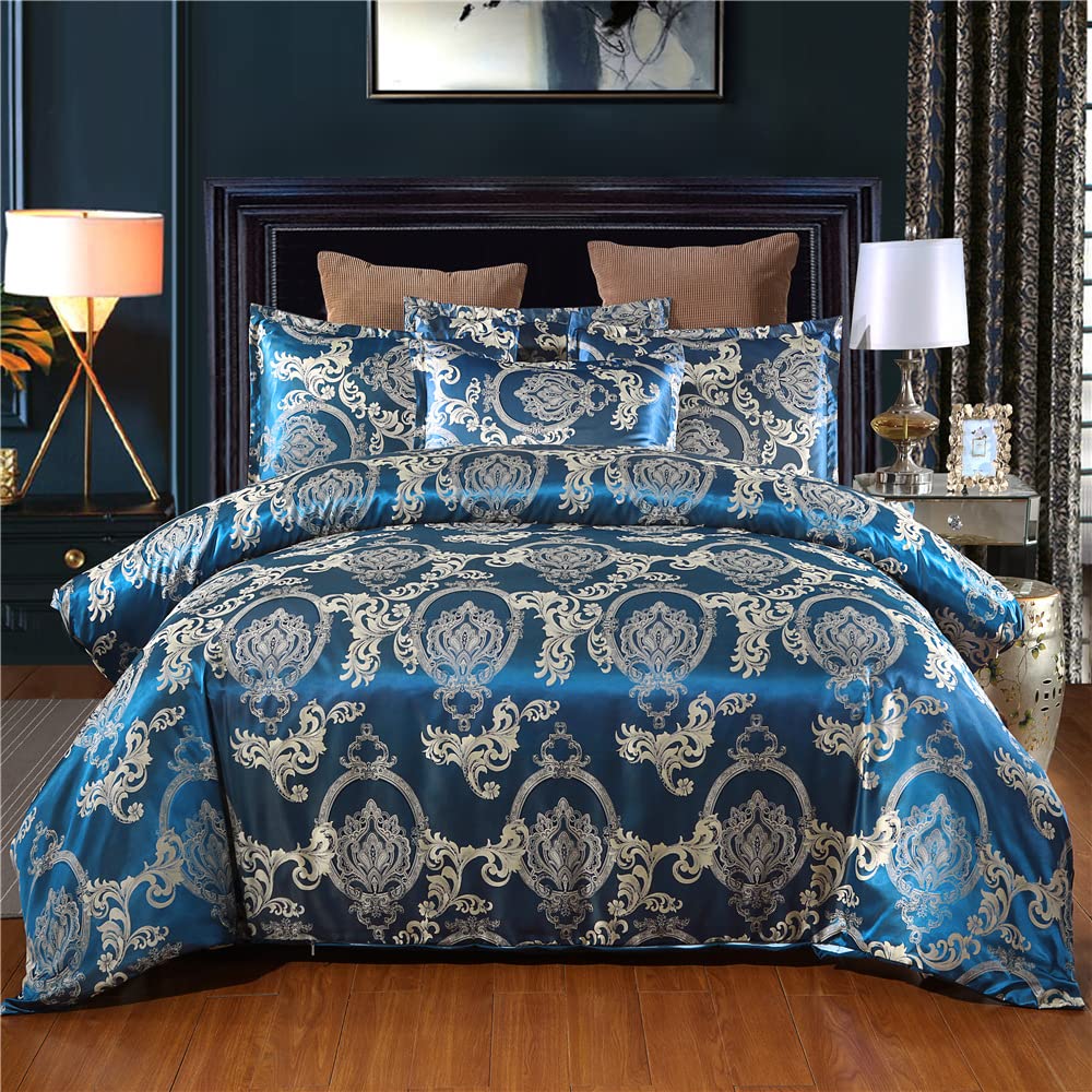 ChliEarime Heicatte Duvet Cover Set Satin Silk Blanket All Season Bed Duvet Cover Set Royal Blue Bedspread Luxury Jacquard Quilt Bedding Sets Matching 2 Pillow Shams King(102X90 Inches)