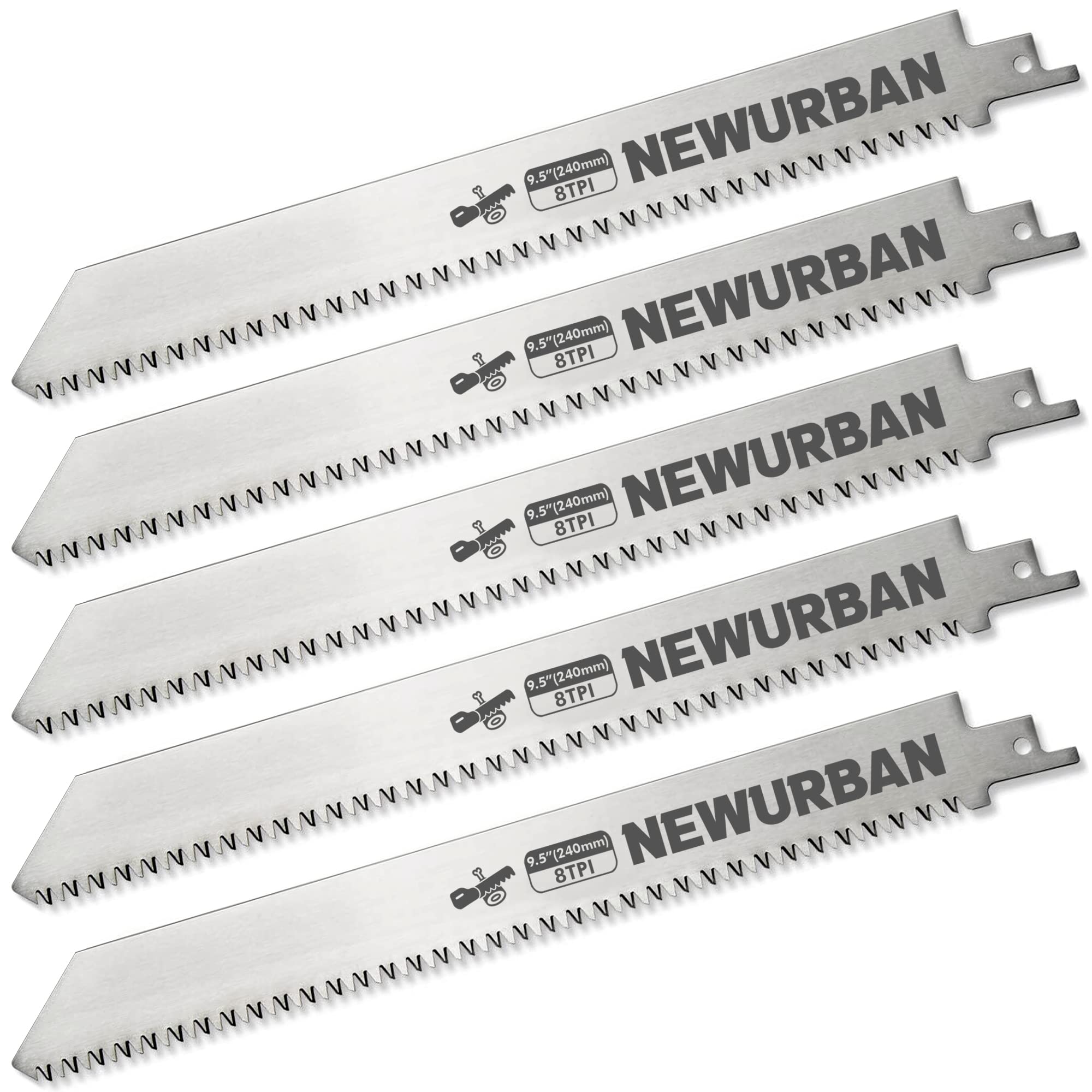 NEWURBAN 5 Pack Stainless Steel Reciprocating Saw Blades 8TPI / 9.5 in (240mm) for Frozen Meat Bone Food Cutting - Bonesaw Blade