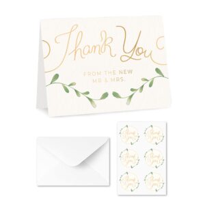 Rileys & Co Thank You Wedding Cards with Envelopes & Stickers, 100 Bulk Pack, Gold Foil, Mr and Mrs Thank You Notes Bulk Cards, | Thank You From the New Mr & Mrs. (Gold)