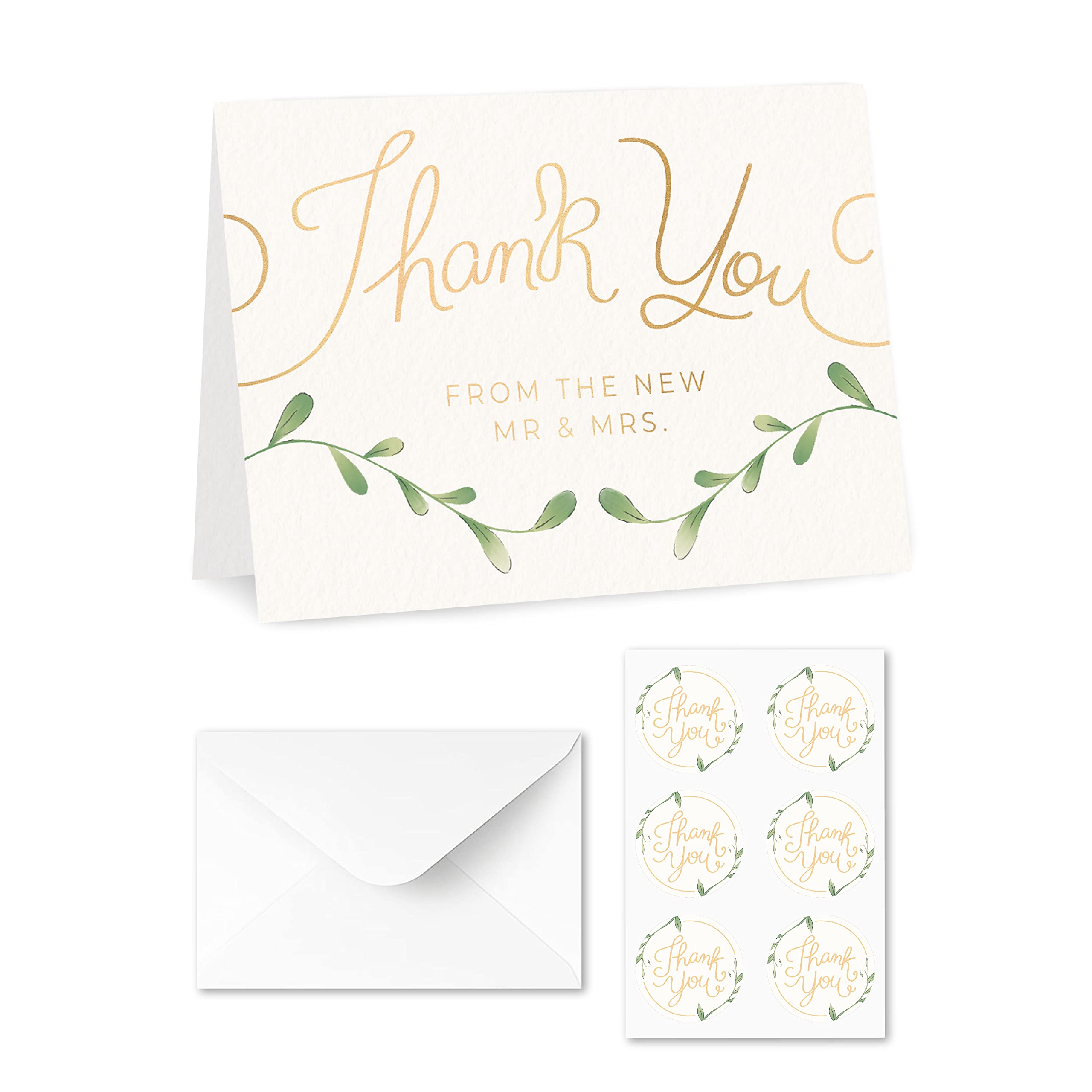 Rileys & Co Thank You Wedding Cards with Envelopes & Stickers, 100 Bulk Pack, Gold Foil, Mr and Mrs Thank You Notes Bulk Cards, | Thank You From the New Mr & Mrs. (Gold)