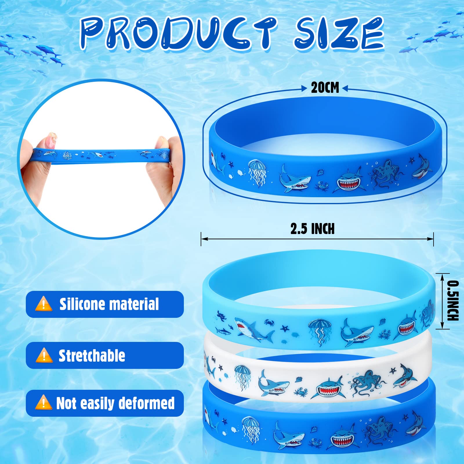 Suilung 24 Pcs Shark Party Favors Shark Bracelet for Kids Shark Silicone Rubber Wristbands Ocean Under The Sea Themed Party Gifts for Boys Girls Baby Shower Shark Birthday Party Supplies