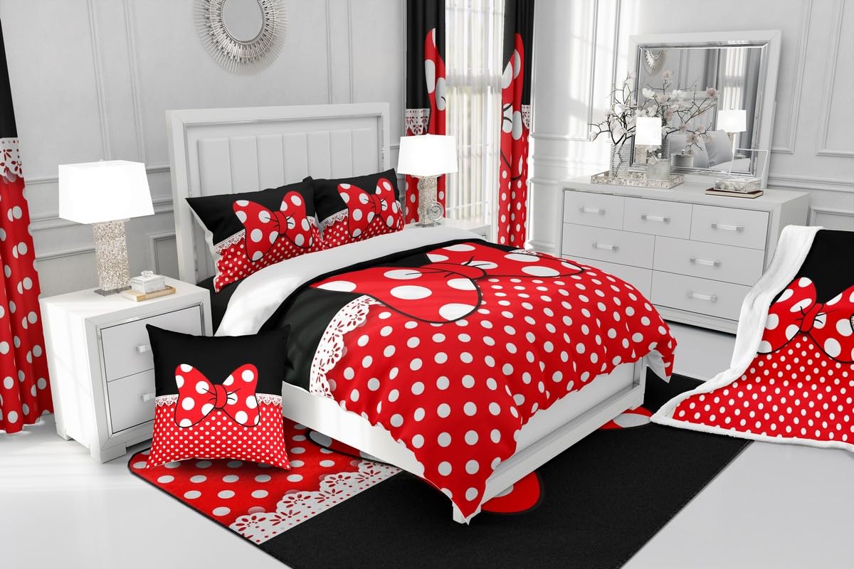 Homewish Bowknot Comforter Set Twin Size,White Dots Bedding Set 2pcs for Kids Teens Girls Boys Room Decor,Romantic Princess Style Quilt Set Red and Black Duvet Insert with 1 Pillowcase