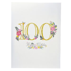 100th Birthday Pop-Up Card, Elegant Floral Design with Glittering Gold Accents, Stunning 3D Pop-Up Greeting Card for Milestone Celebrations