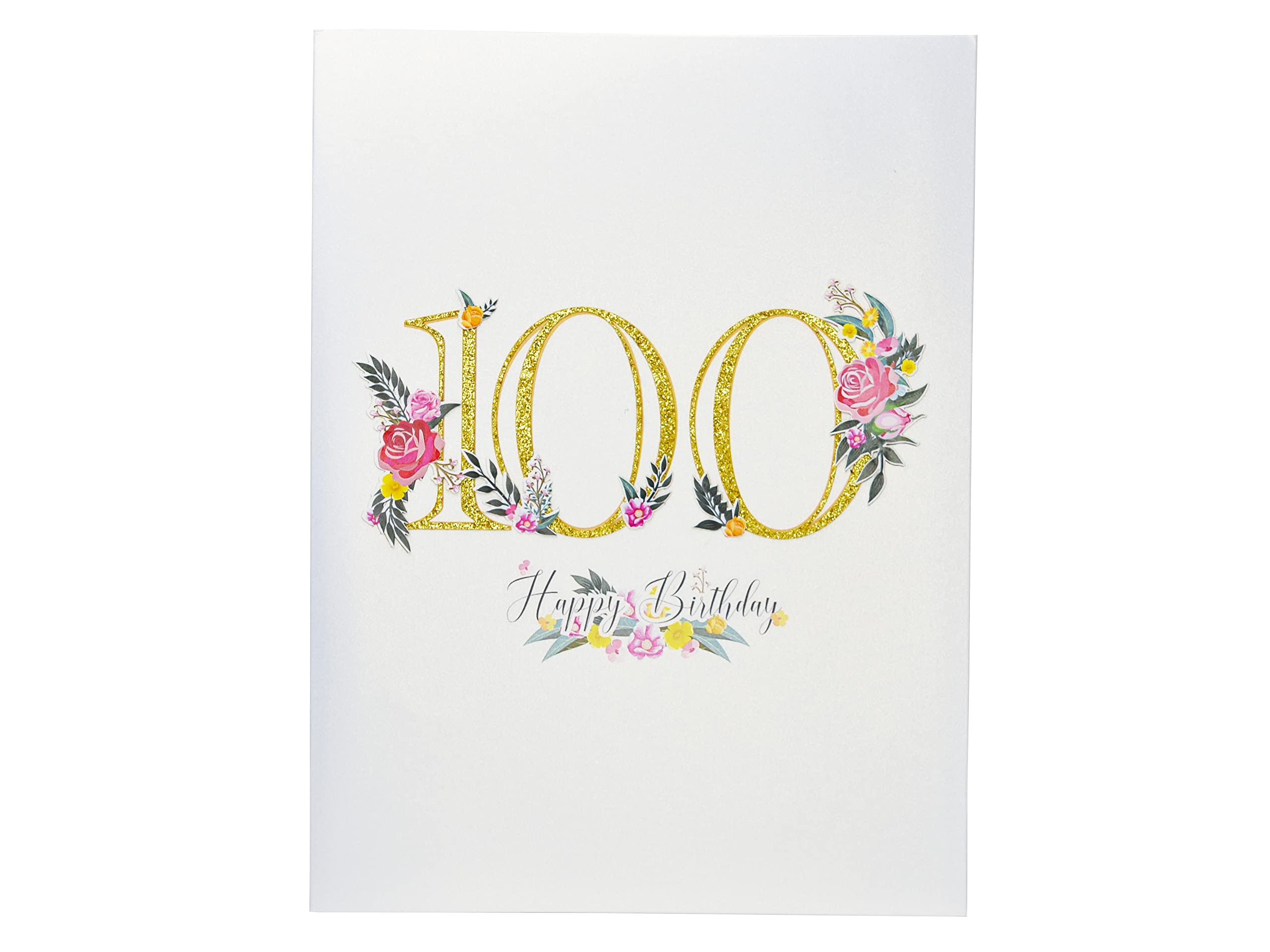 100th Birthday Pop-Up Card, Elegant Floral Design with Glittering Gold Accents, Stunning 3D Pop-Up Greeting Card for Milestone Celebrations