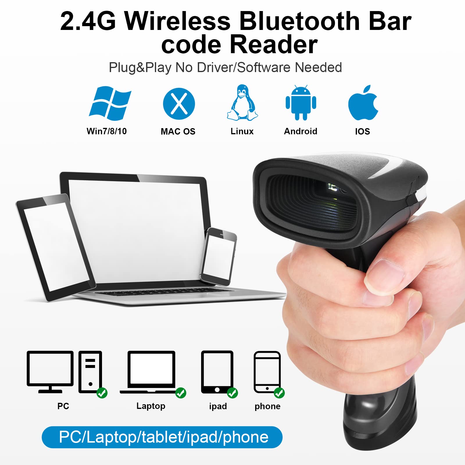 JRHC Bluetooth QR Barcode Scanner, PDF417 Rechargeable Code Scanner Wireless, Data Matrix 2D Barcode Rearder Cordless Connect Smart Phone, Tablet, PC, CCD Code Reader Work with Windows, Mac,Android