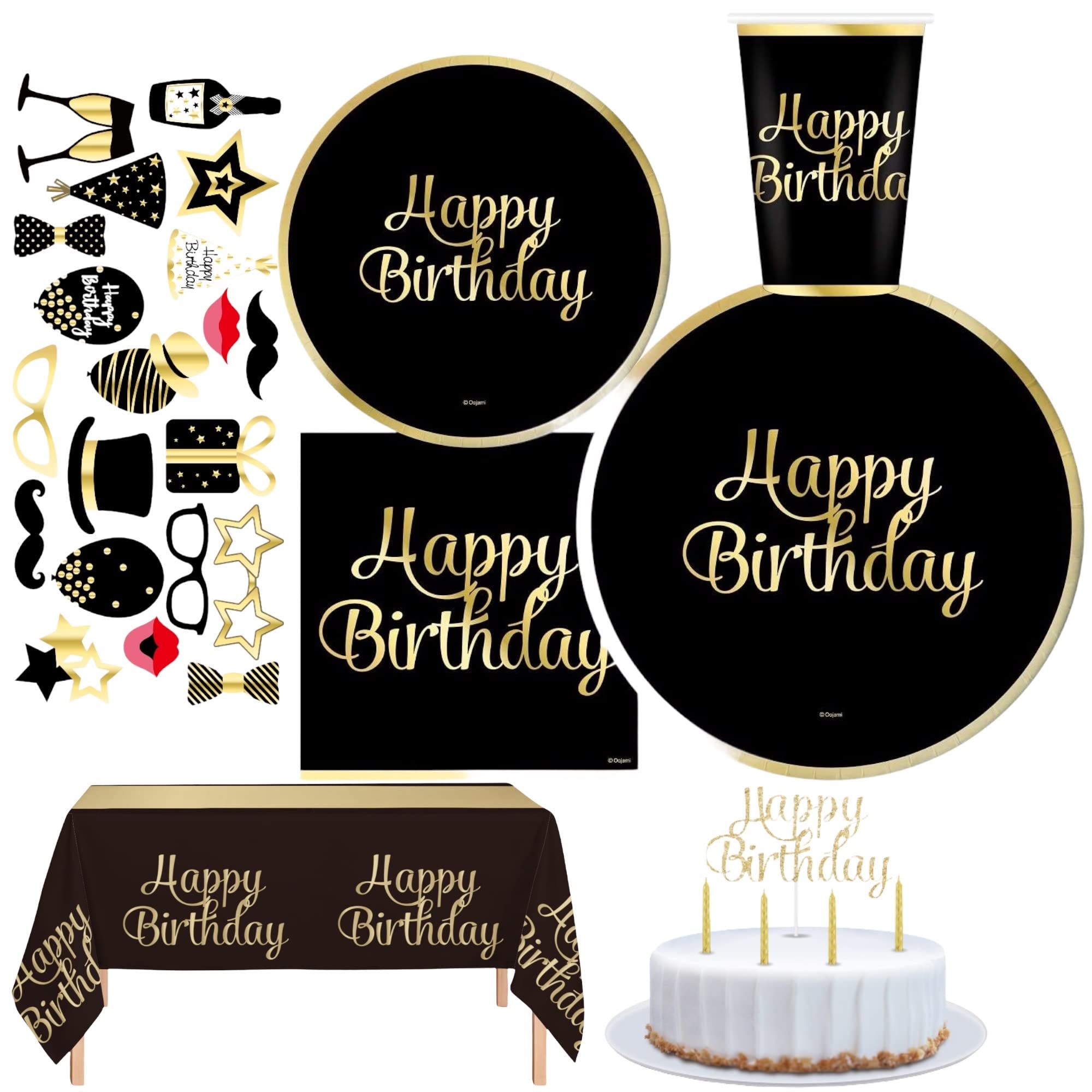 30 Guest Black and Gold Happy Birthday Gold Foil include Complete Party Pack 9" Dinner Paper Plates 7" Dessert Paper Plates 12 oz Cups 3 Ply Napkins Party Supplies