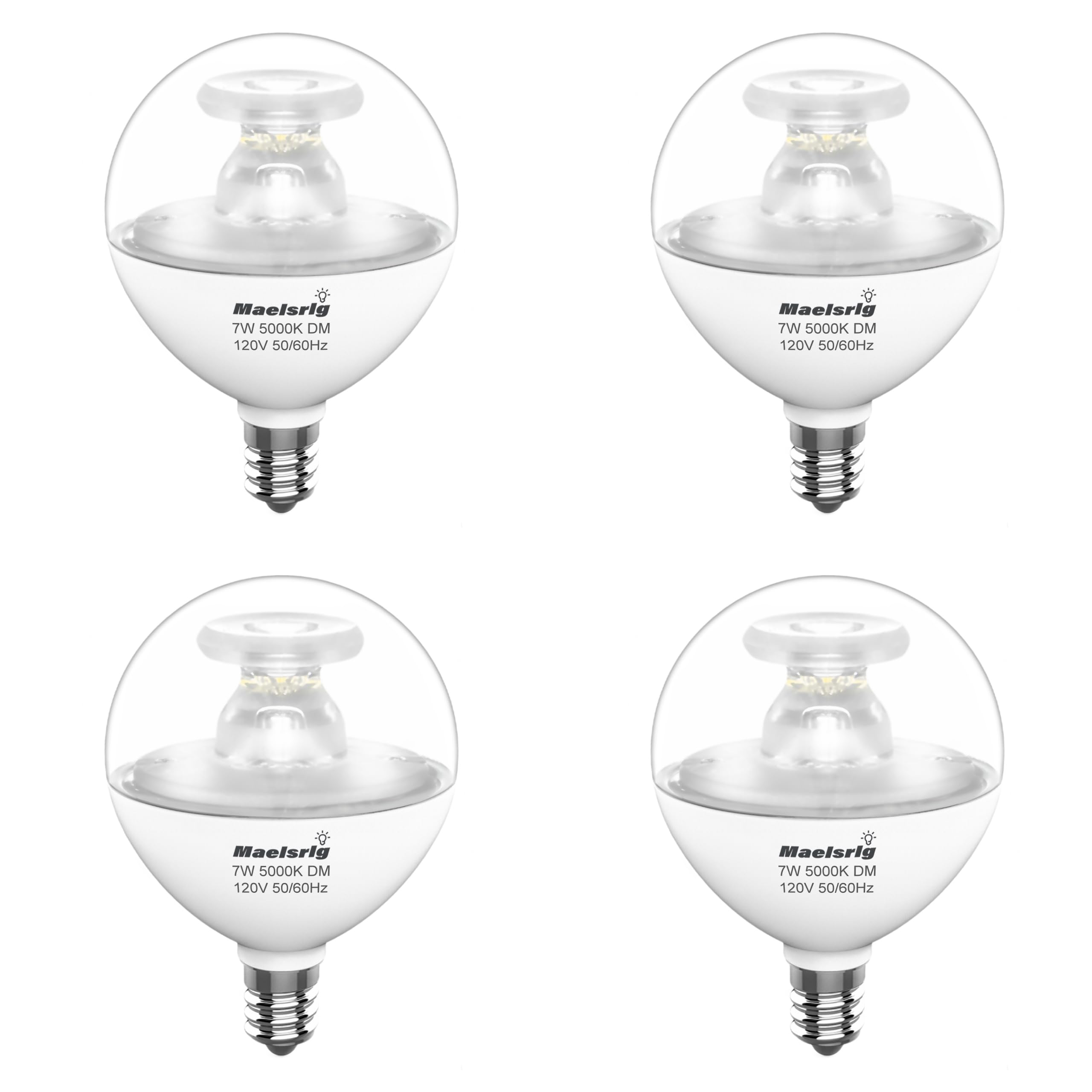 Maelsrlg G16.5 Light Bulb LED, 60W Equivalent, Small Round Light Bulbs, E12 Candelabra Base, Dimmable, Daylight 5000K, 7W 600 Lumens, Type G Light Bulb, Clear Glass, Pack of 4