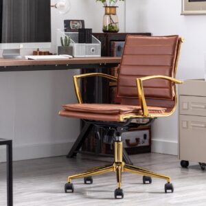 EALSON Modern Leather Office Chair Comfortable Home Office Desk Chair with Wheels and Arms Gold Base Conference Chair Ergonomic Computer Task Chair Adjustable Swivel Chair, Brown