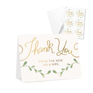 rileys & co thank you wedding cards with envelopes & stickers, 100 bulk pack, gold foil, mr and mrs thank you notes bulk cards, | thank you from the new mr & mrs. (gold)