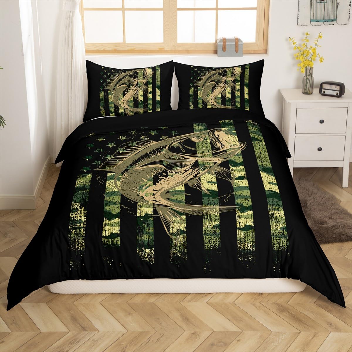 Bass Fish Camouflage Bedding Set Full Pike Fish Camo Duvet Cover for Women Men Room Kids Farmhouse Fishing Decor Comforter Cover Set Fishman Wild Bedspread Cover 3Pcs Zipper Green Black Full Size