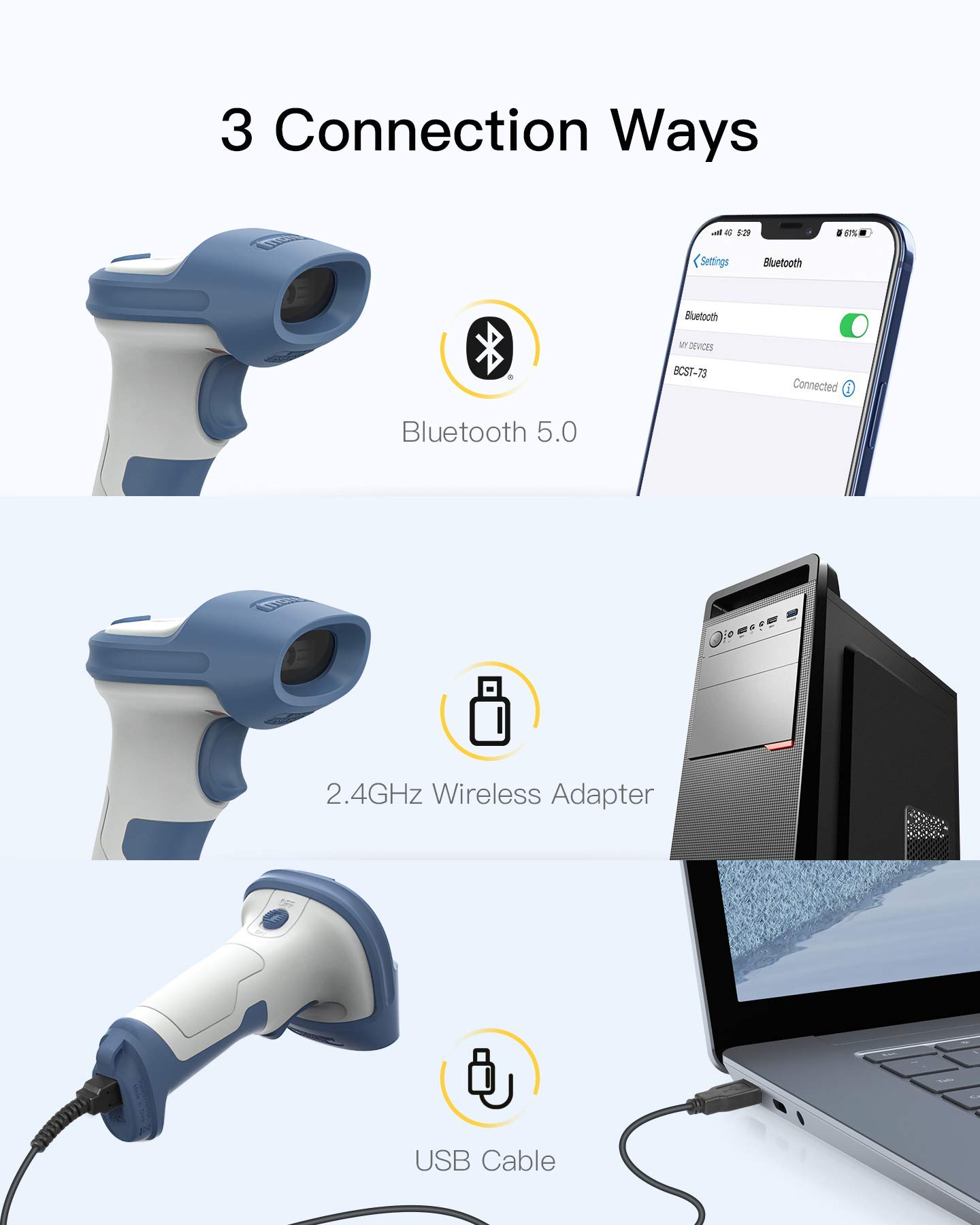 Inateck Bluetooth Barcode Scanner with Charging Base, 2D Wireless, Bundle Product, BCST-73 and BS04001