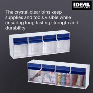 Ideal BNZ Tilt Bins, Plastic Pull Out Storage Bins, Stackable Organizer, Storage Containers with Drawers (Fastener Storage, Bead Storage Drawers), 4 Bins, White/Blue