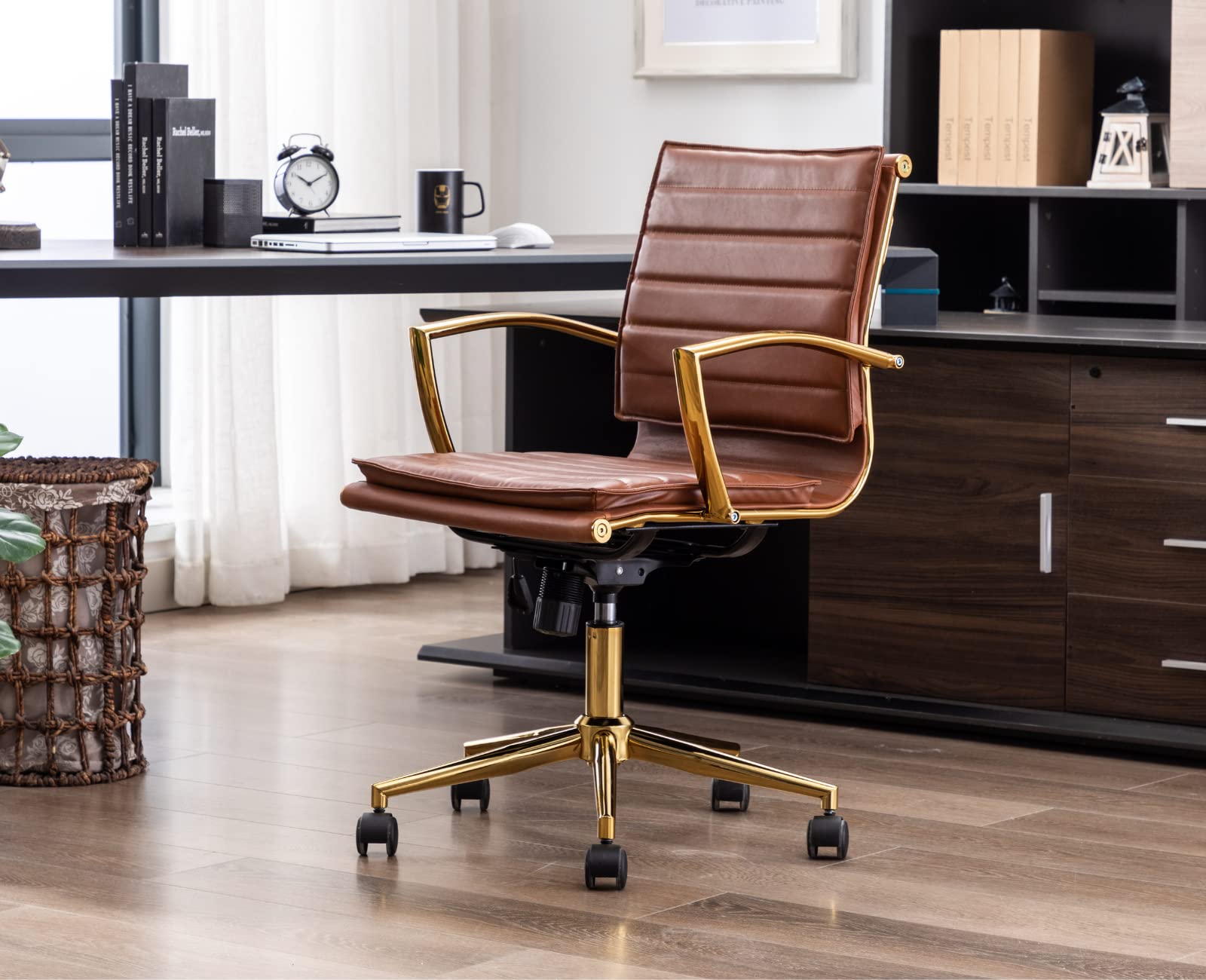 EALSON Modern Leather Office Chair Comfortable Home Office Desk Chair with Wheels and Arms Gold Base Conference Chair Ergonomic Computer Task Chair Adjustable Swivel Chair, Brown