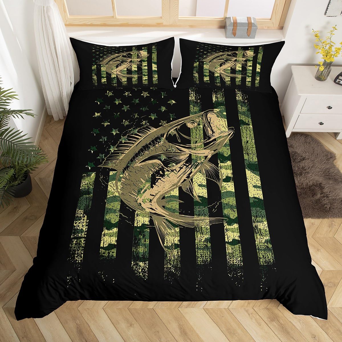 Bass Fish Camouflage Bedding Set Full Pike Fish Camo Duvet Cover for Women Men Room Kids Farmhouse Fishing Decor Comforter Cover Set Fishman Wild Bedspread Cover 3Pcs Zipper Green Black Full Size