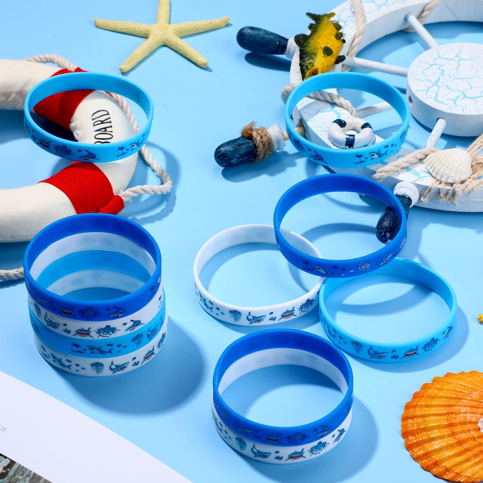 Suilung 24 Pcs Shark Party Favors Shark Bracelet for Kids Shark Silicone Rubber Wristbands Ocean Under The Sea Themed Party Gifts for Boys Girls Baby Shower Shark Birthday Party Supplies