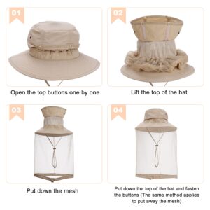 Mosquito Head Net Hat with Hidden Net Mesh for Outdoor Lover Hiking Fishing Beekeeping Gardening Men or Women (Khaki)