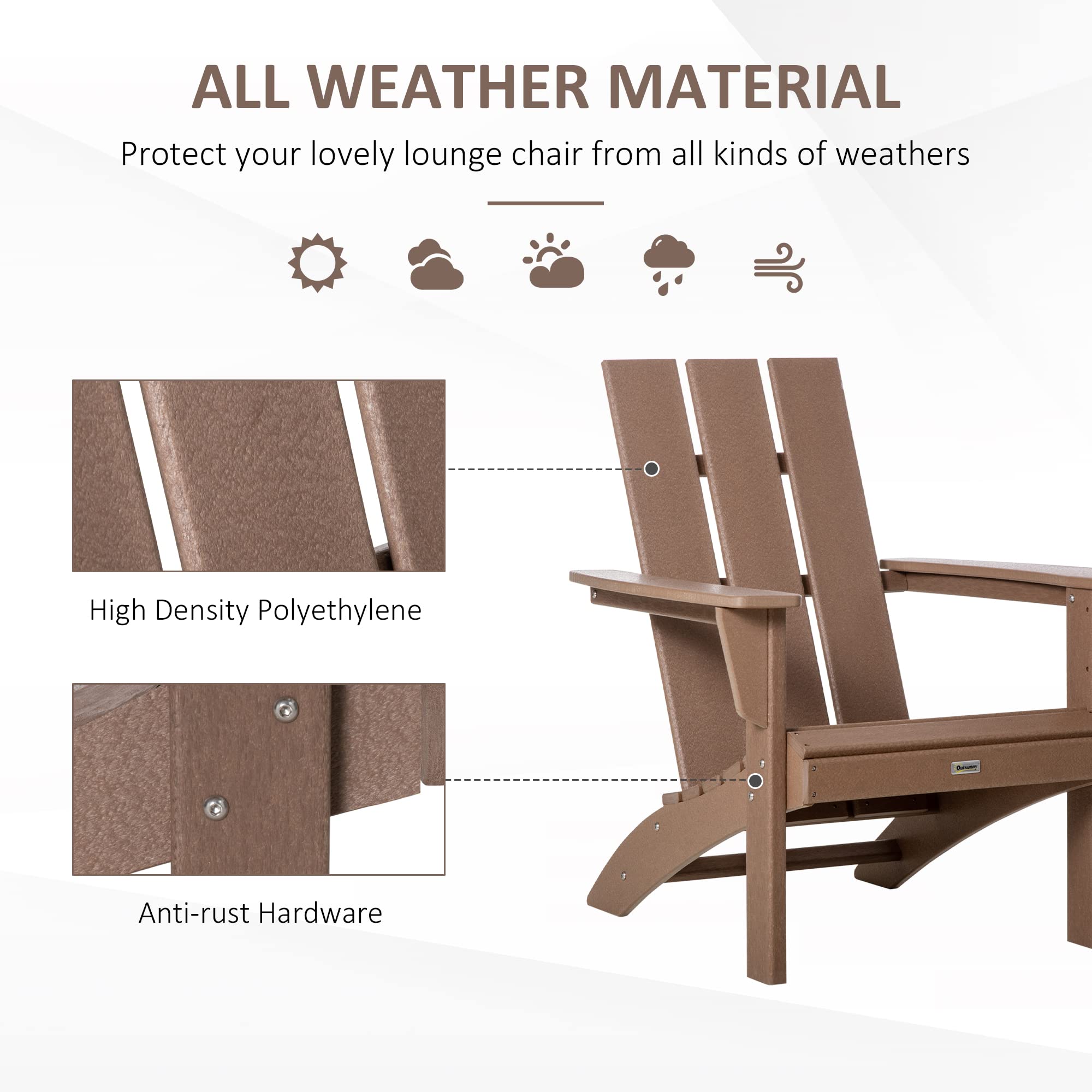 Outsunny Patio Adirondack Chair, Outdoor HDPE Fire Pit Chair, Weather Resistant Outdoor Chair with High-Back, Patio Chair for Deck, Garden, Backyard, Brown