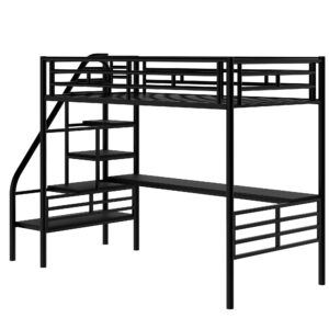 Harper & Bright Designs Metal Twin Loft Bed with Desk, Twin Size Loft Bed with Stairs and Workstation Desk for Kids Teens, Space Saving Metal Loft Bed Frame,No Box Spring Needed, Black