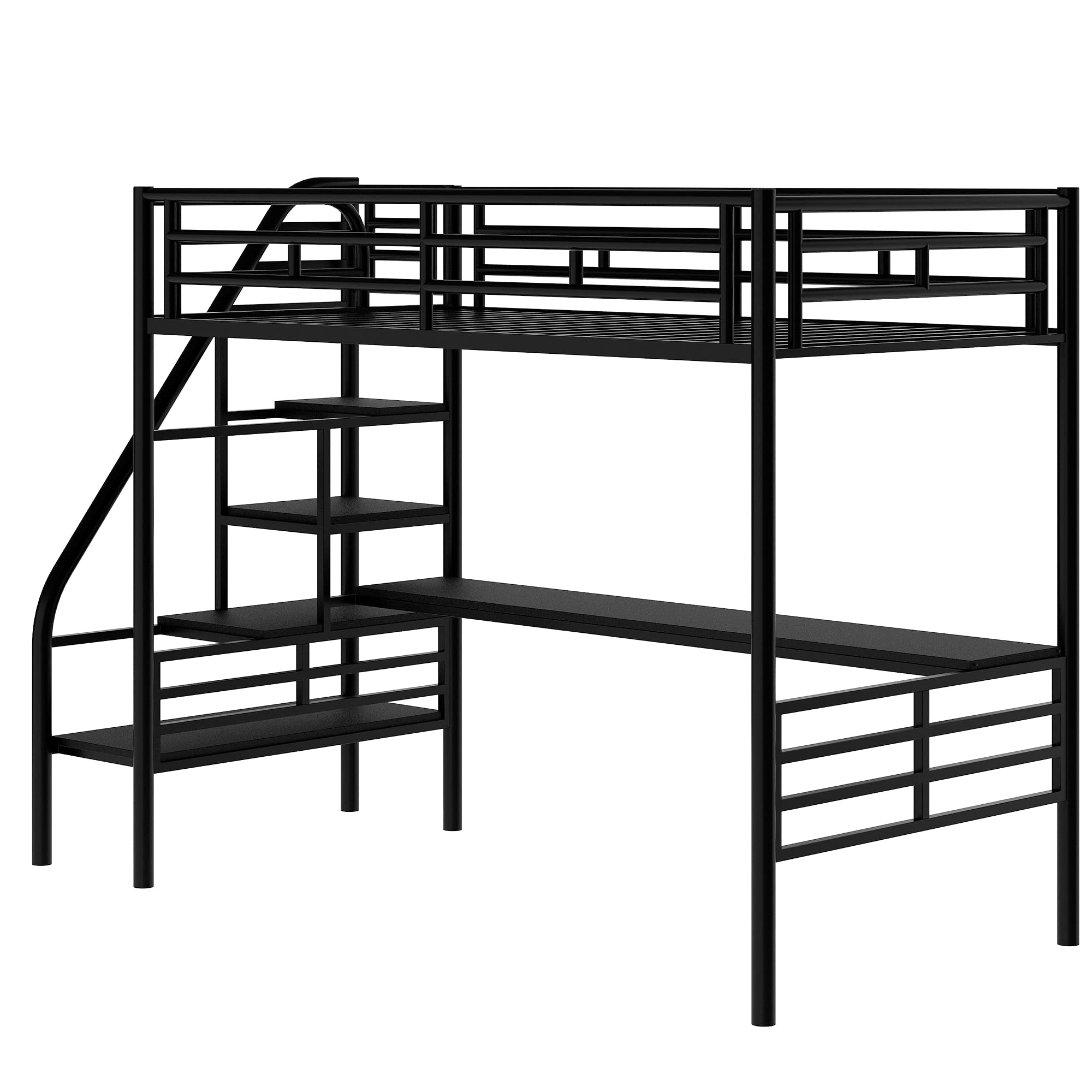 Harper & Bright Designs Metal Twin Loft Bed with Desk, Twin Size Loft Bed with Stairs and Workstation Desk for Kids Teens, Space Saving Metal Loft Bed Frame,No Box Spring Needed, Black